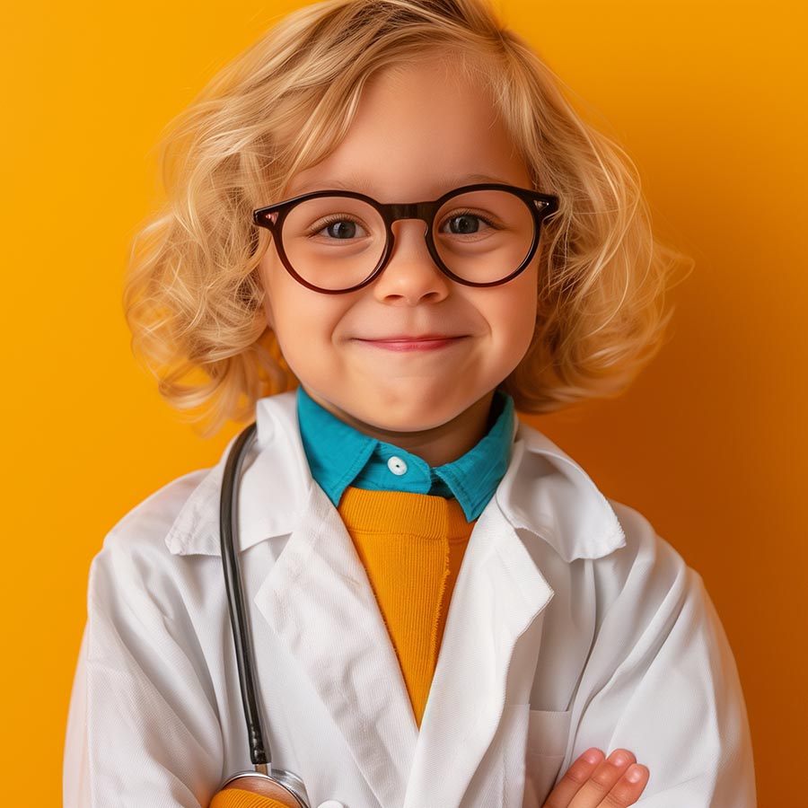 happy blonde curly girl child wearing glasses in fancy dress as doctor medical scientist orange background